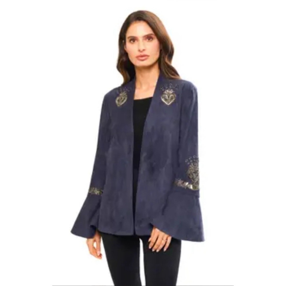 Adore Mixed Media Faux Suede Jacket Medium Blue Sequin Heart Beaded Grommet Boho